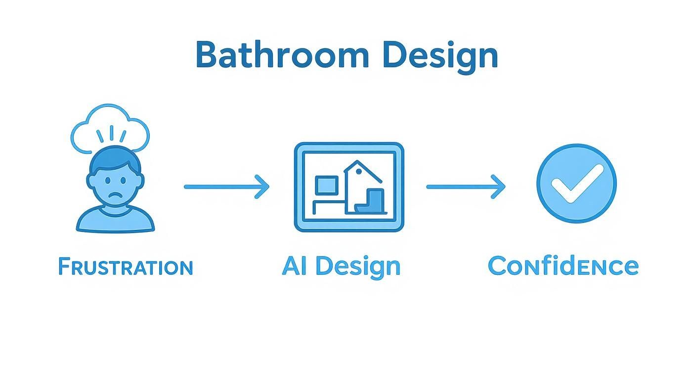 Bathroom design process flowchart showing progression from frustration through AI design to confidence with checkmark
