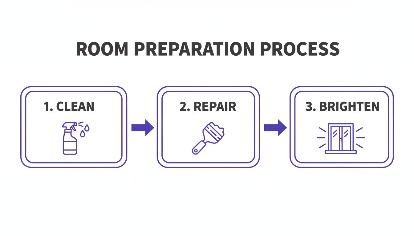 Infographic showing a three-step room preparation process: clean, repair, brighten with icons.