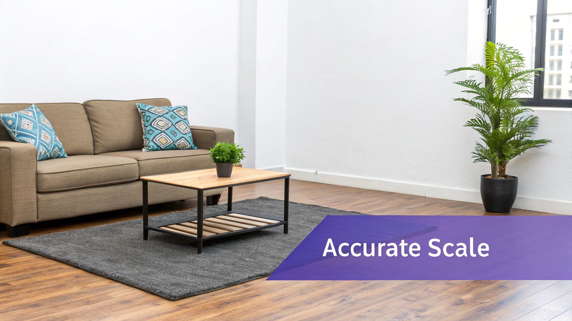 A hyper-realistic, virtually staged living room with a modern sofa and decor.