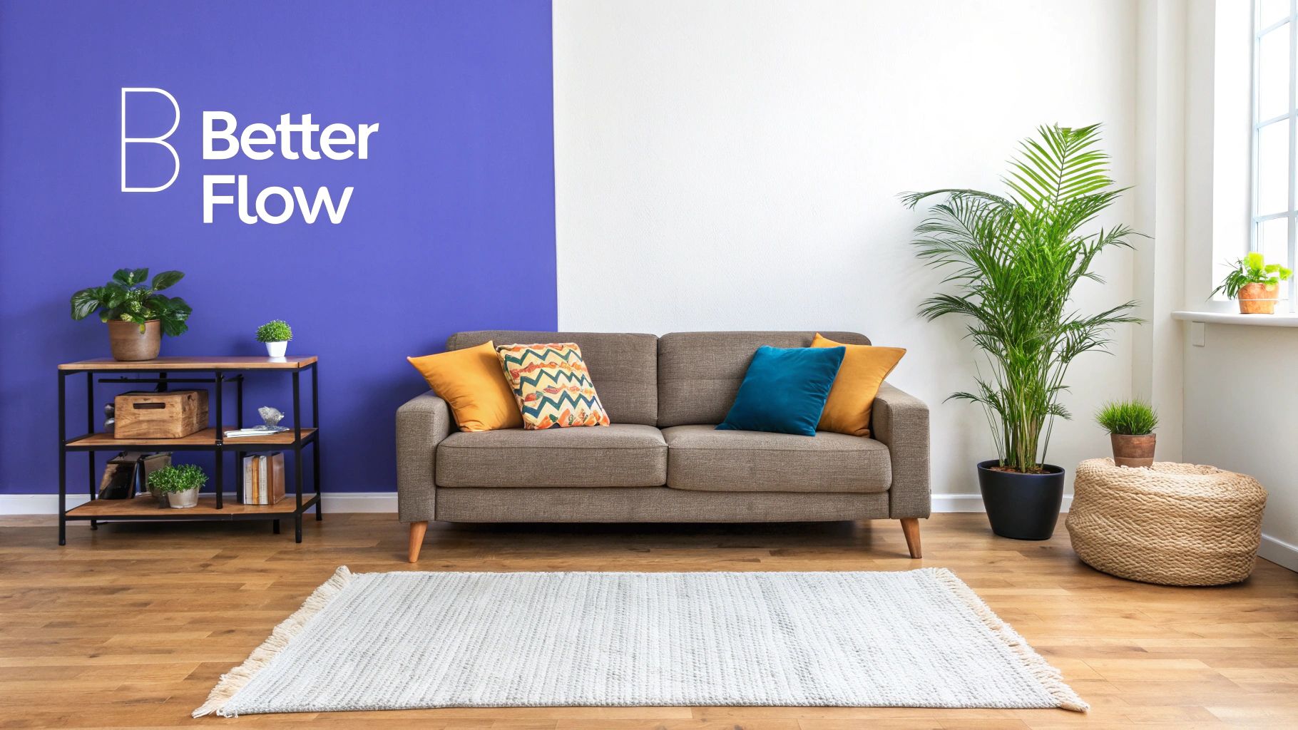 A modern living room featuring a brown sofa with colorful pillows, plants, and a unique purple wall.
