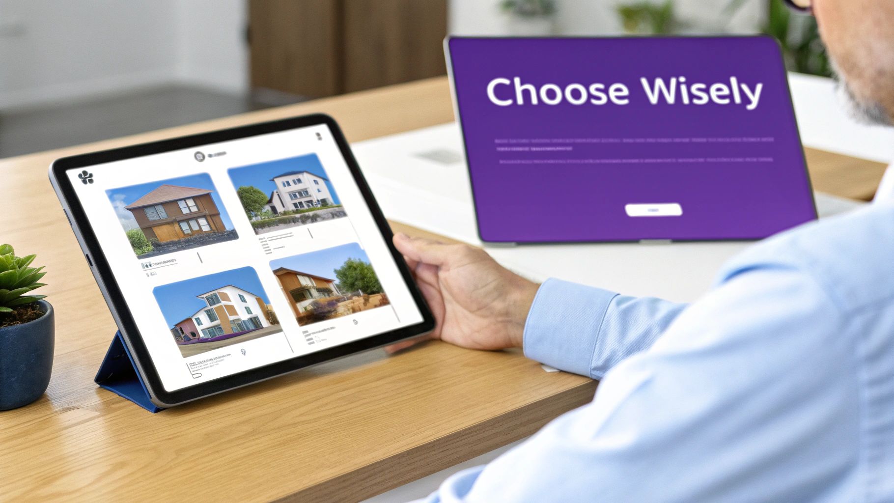 A person views real estate options on a tablet and a monitor saying 'Choose Wisely'.
