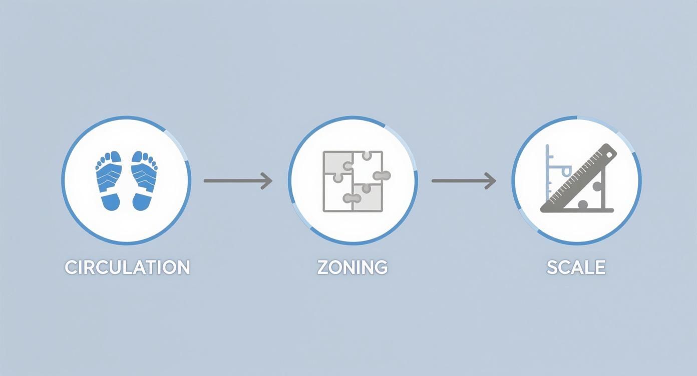 A visual flowchart outlining three key design stages: circulation (footprints), zoning (puzzle), and scale (ruler).