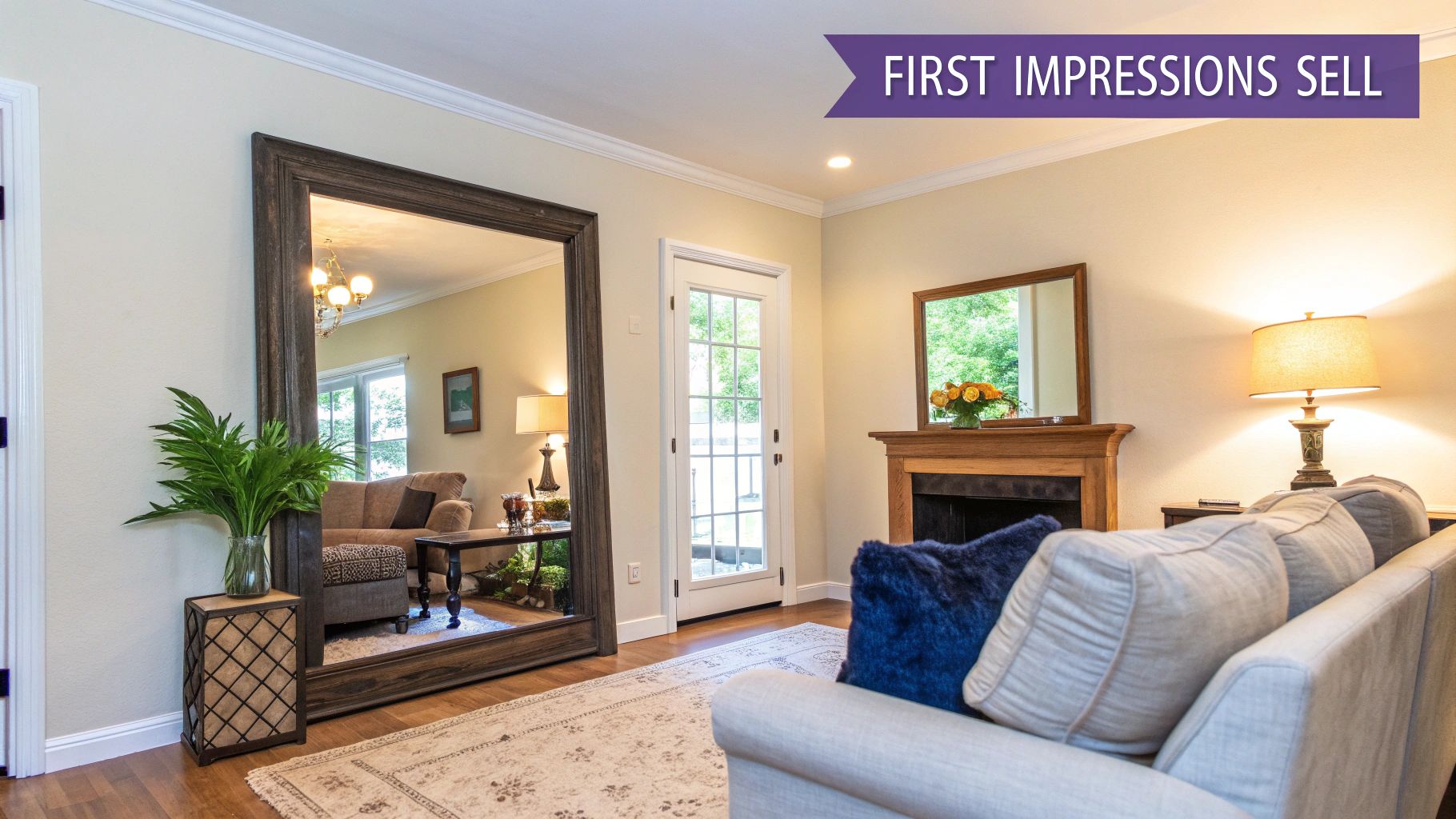 A beautifully staged living room featuring a large mirror, sofa, fireplace, and ambient lighting.