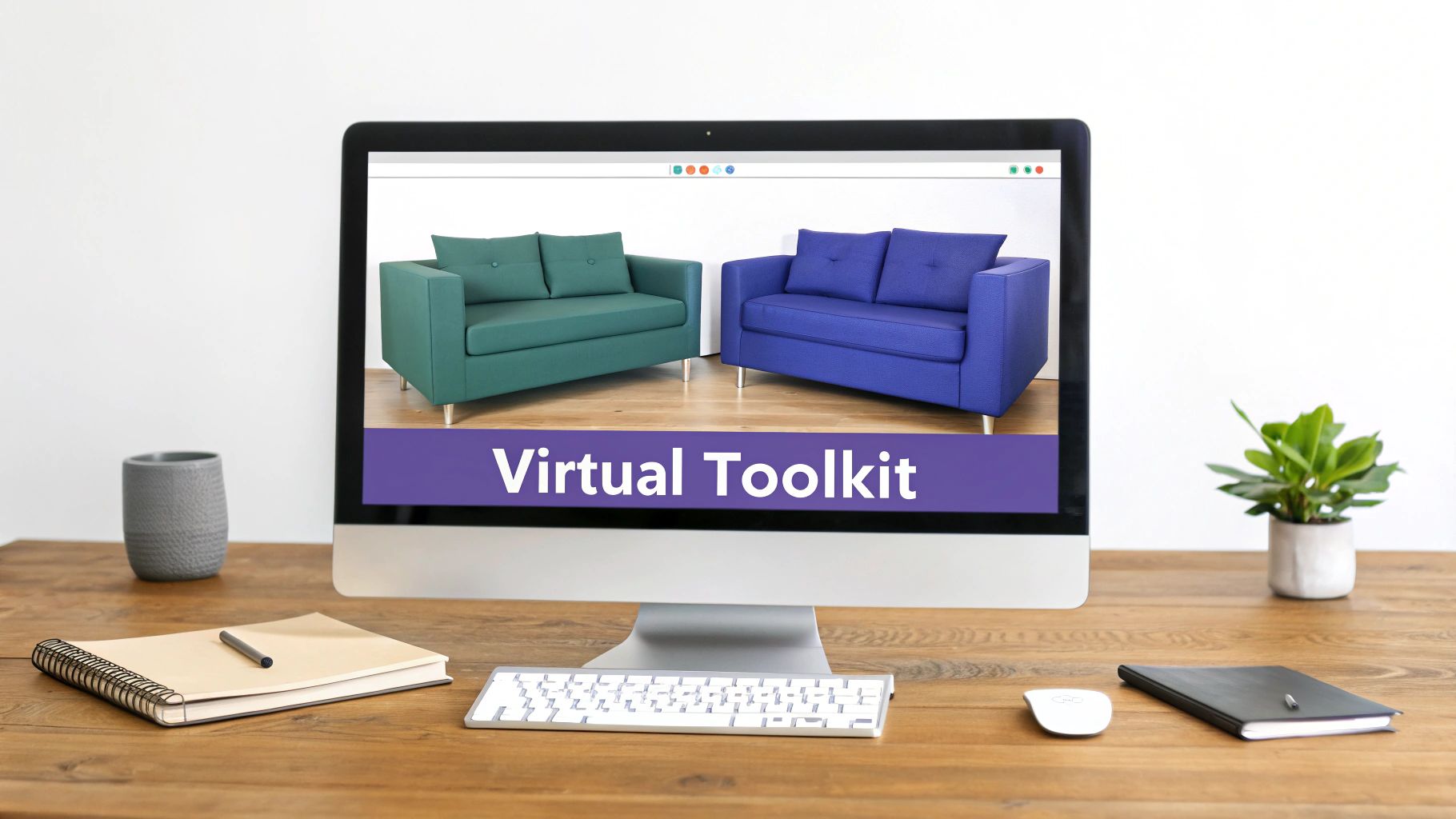 Modern office desk setup with a computer showing 'Virtual Toolkit' and colorful sofas, surrounded by work essentials.