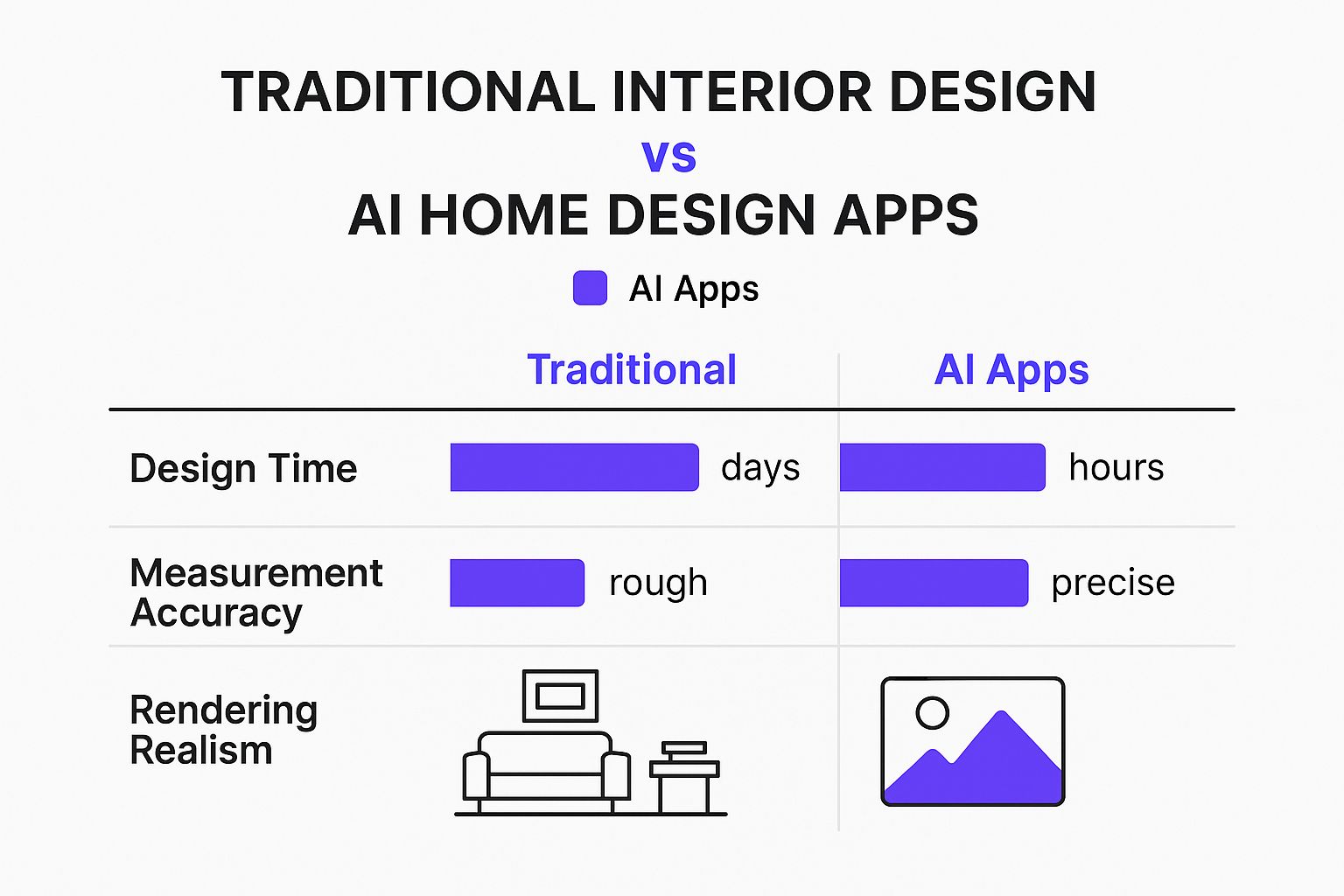 Infographic comparing traditional interior design to AI home design apps across design time, measurement accuracy, and rendering realism.