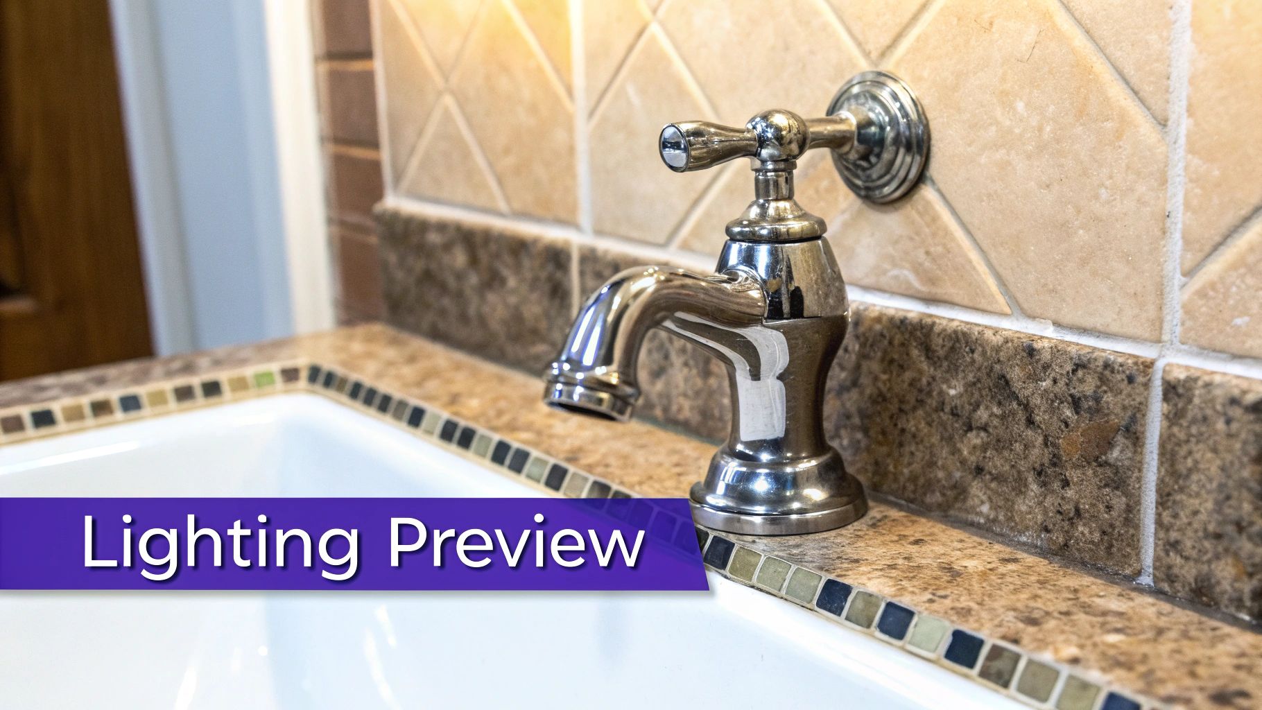 Chrome faucet with decorative tile backsplash and mosaic trim on bathroom vanity counter