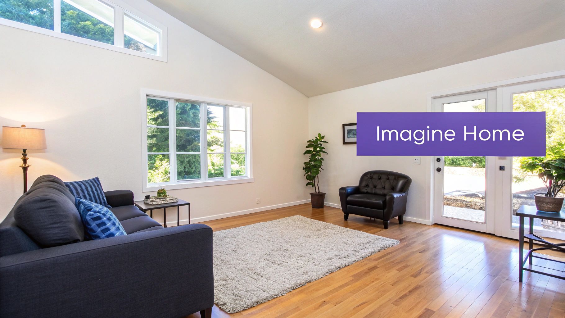 An elegantly staged modern living room with a large sofa and artistic decor, showcasing the potential of virtual staging.