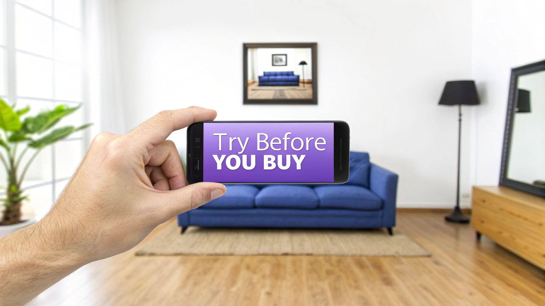 A hyper realistic photo of a modern sofa placed into a new living room using aiStager