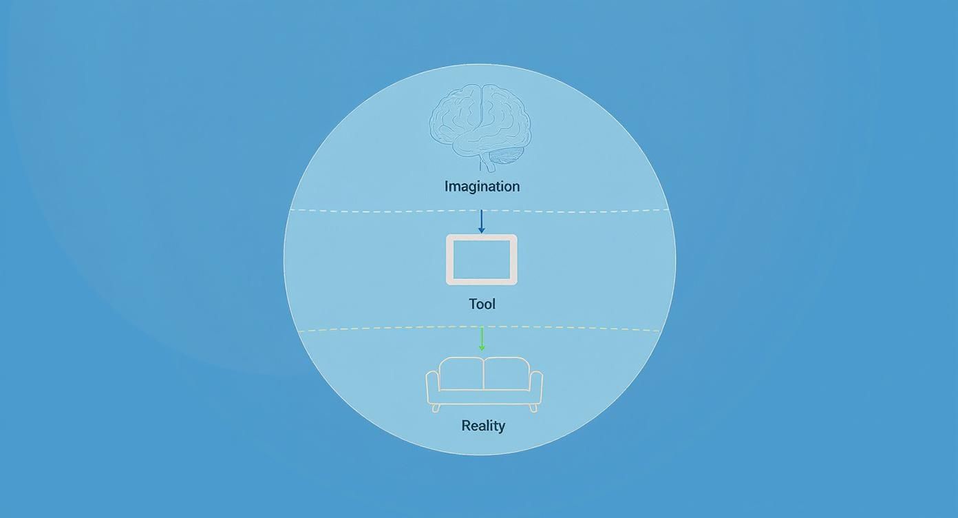 Diagram showing imagination (brain) flowing through a digital tool (screen) to create reality (couch).