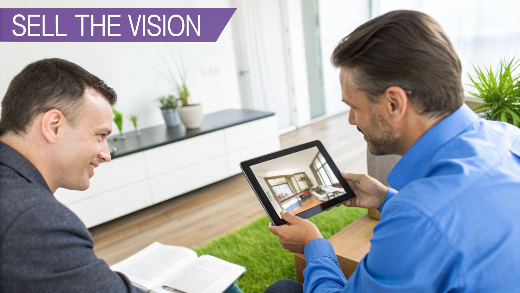 Two men viewing a digital floor plan rendering on a tablet, engaging in a sales discussion.