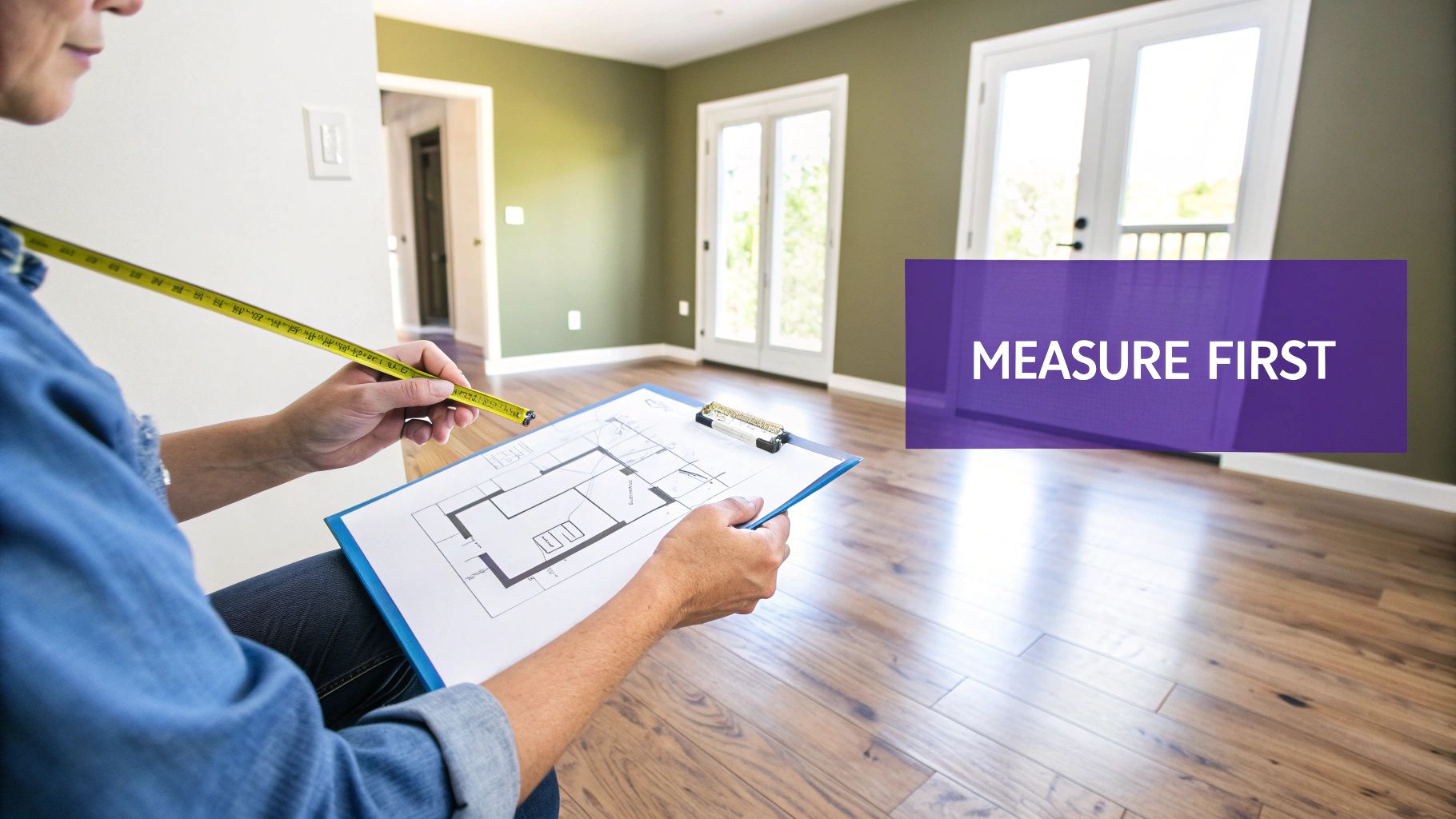 A person holds a measuring tape and a floor plan in an empty room, with the text 'MEASURE FIRST'.