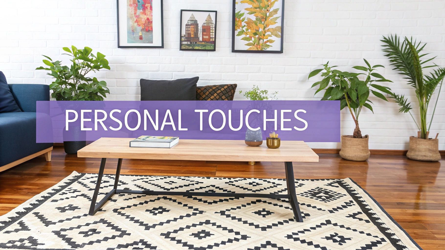 A stylishly decorated living room with curated art and plants.