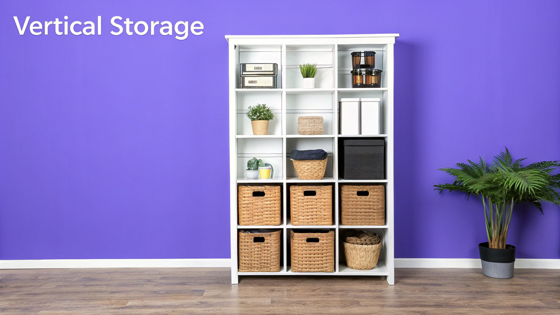 A white vertical storage shelf filled with baskets, plants, and boxes against a vibrant purple wall.