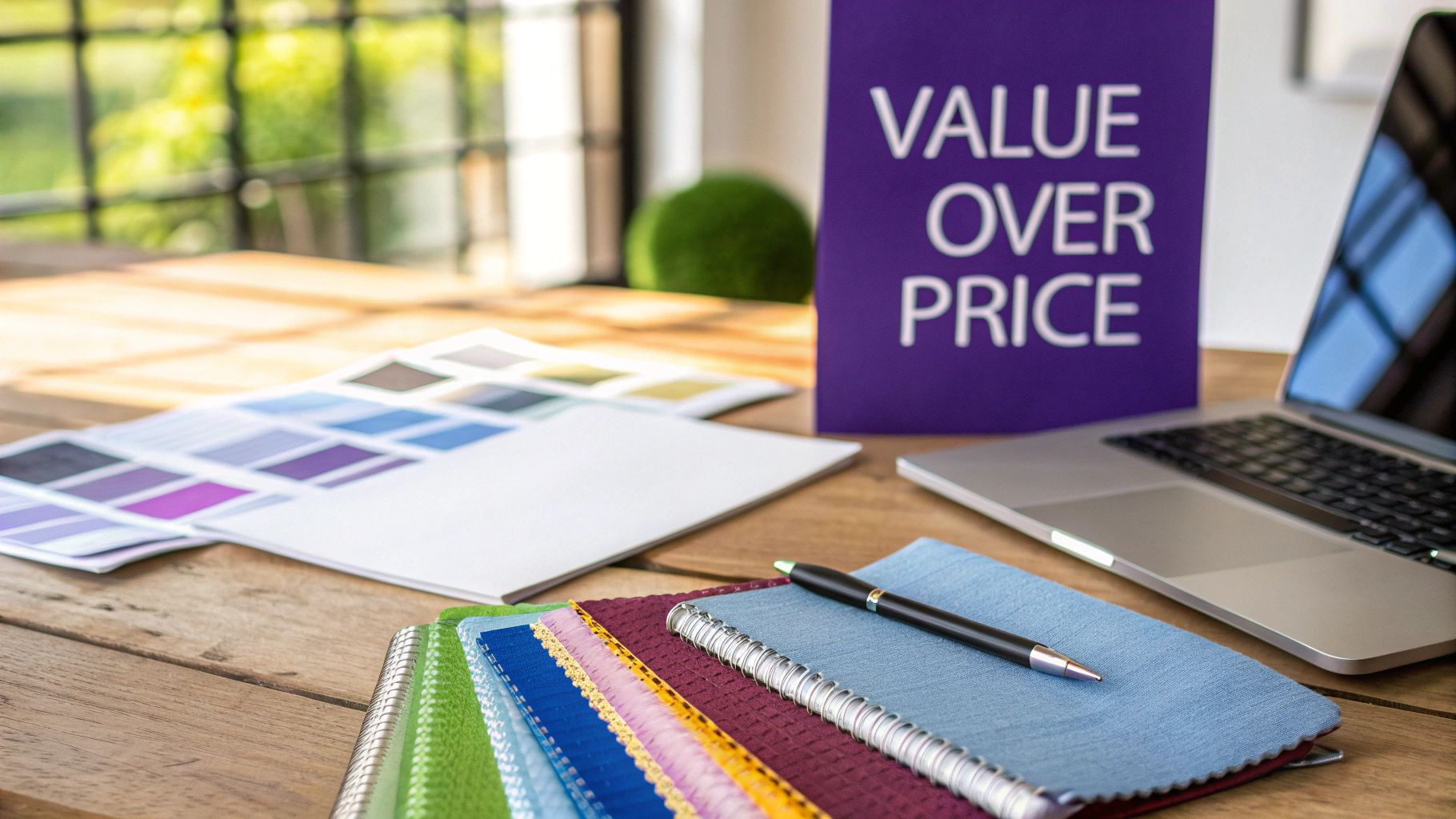 An interior design workspace with color palettes, a laptop, notebooks, and a "VALUE OVER PRICE" sign.