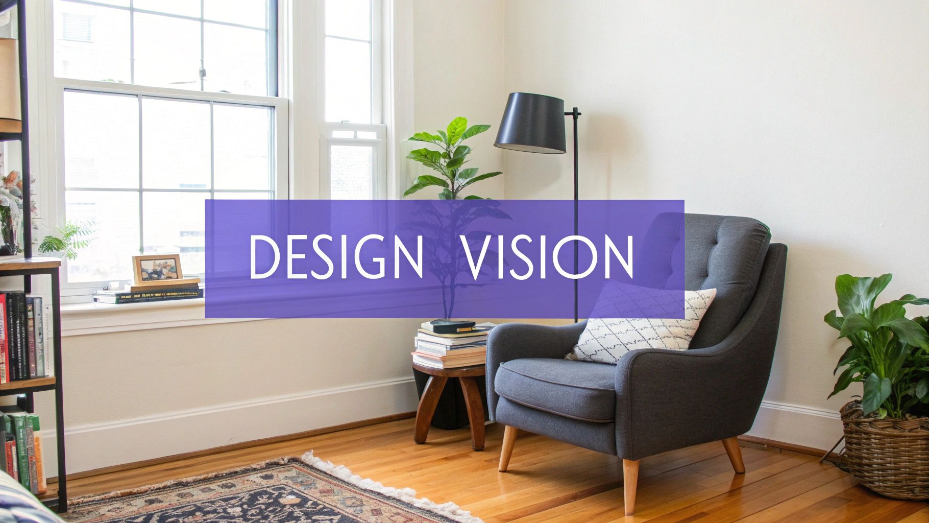 An inviting interior design scene featuring a grey armchair, green plants, a window, and the text overlay "DESIGN VISION".