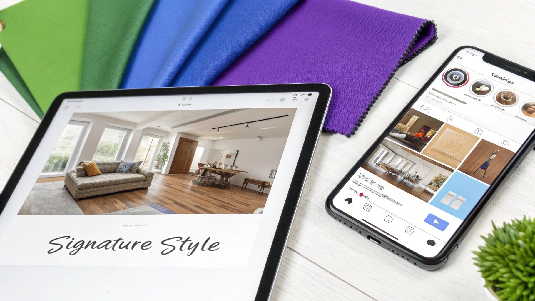 A tablet and smartphone displaying interior design ideas next to colorful fabric swatches.