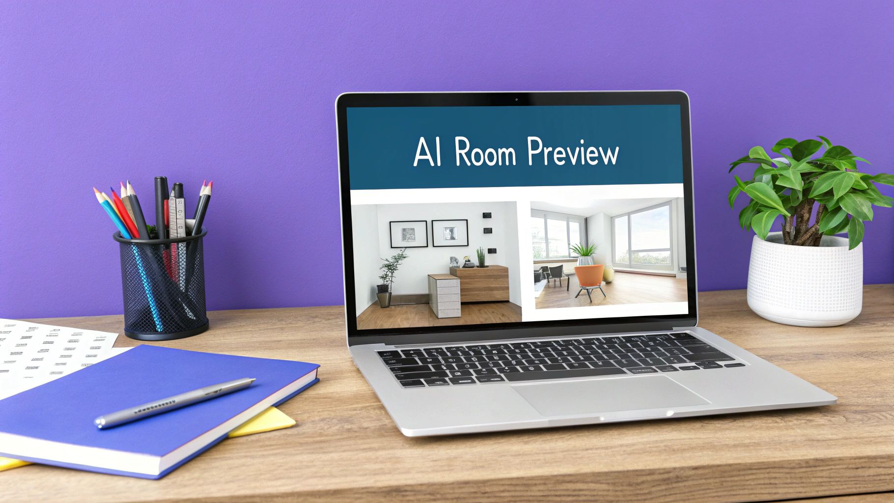Woman using aiStager on her laptop to visualize a living room design