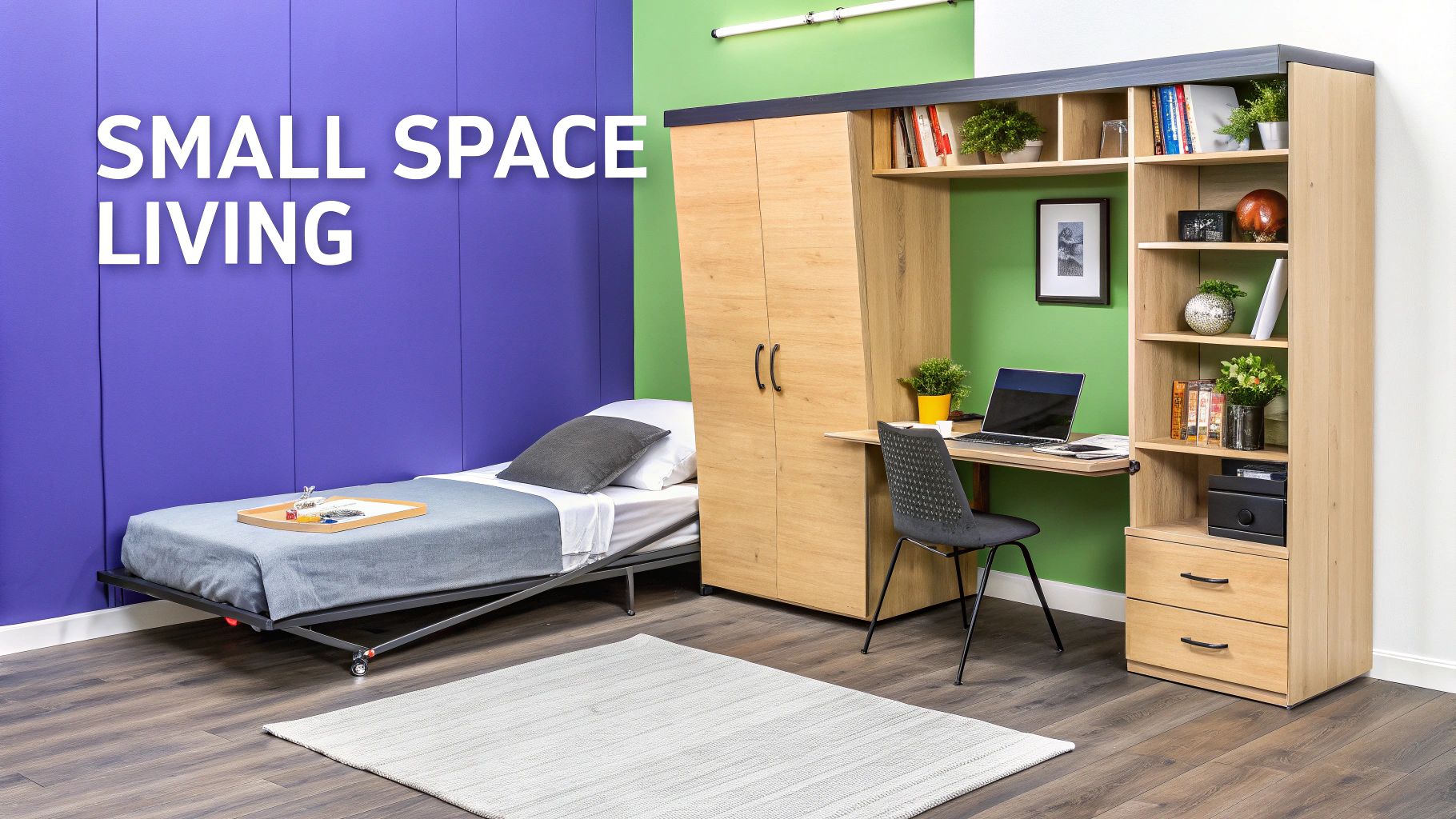 A room with purple and green walls showcasing small space living with a convertible bed, desk, and shelves.