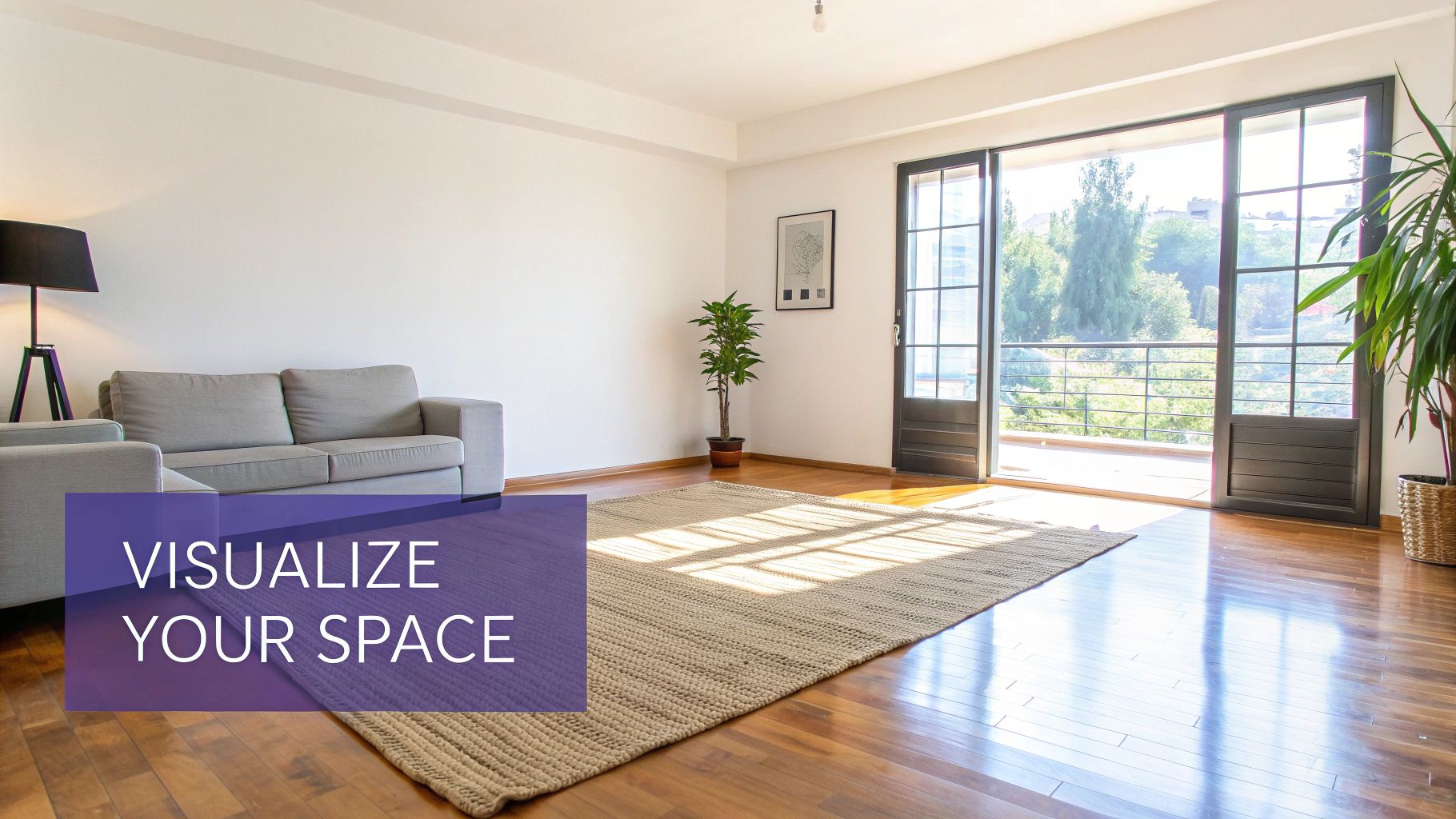 A modern living room with a large window and stylish furniture, visualized with AI.