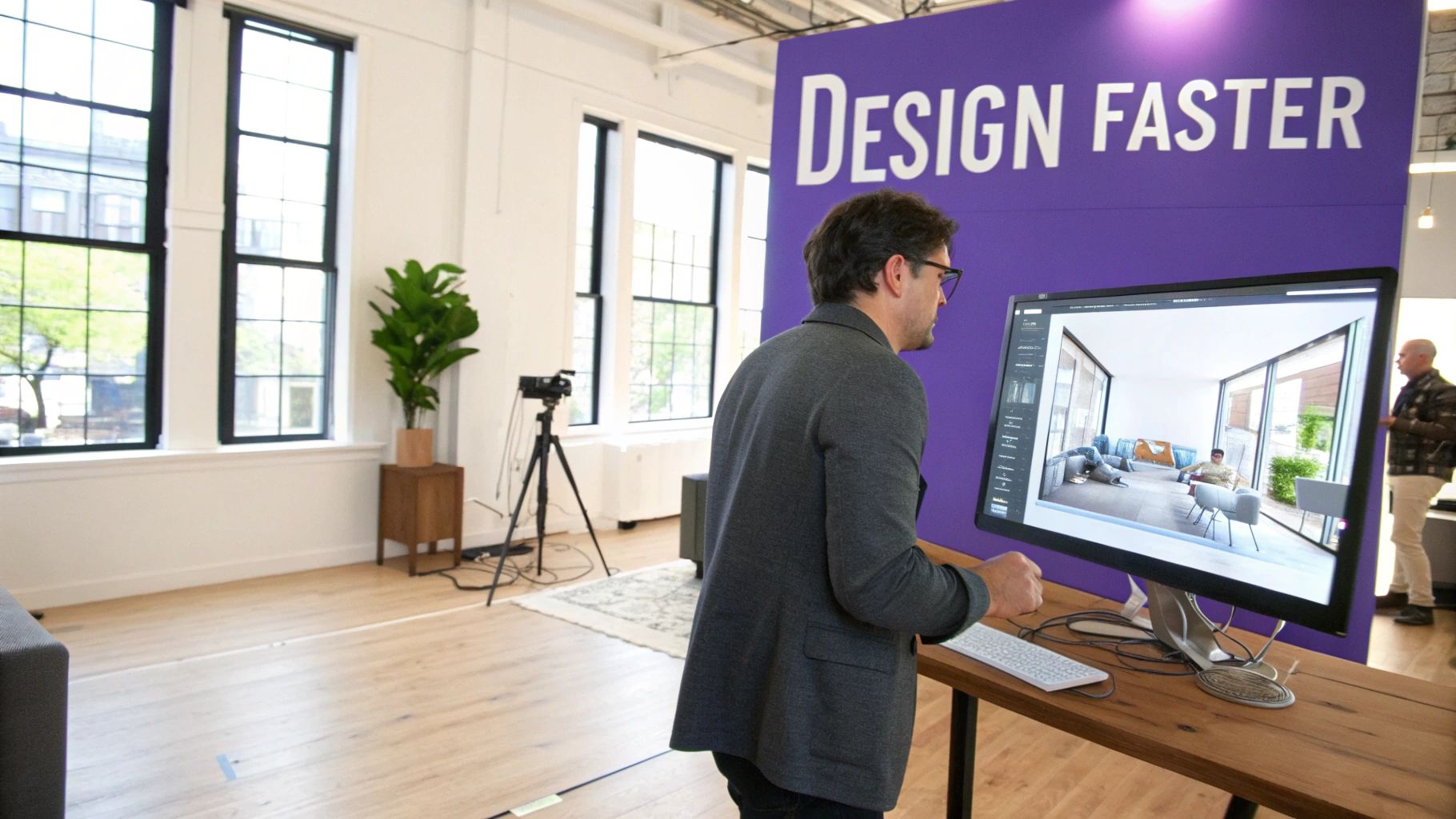 Man viewing a 3D interior design rendering on a computer screen, with 'DESIGN FASTER' sign in background.