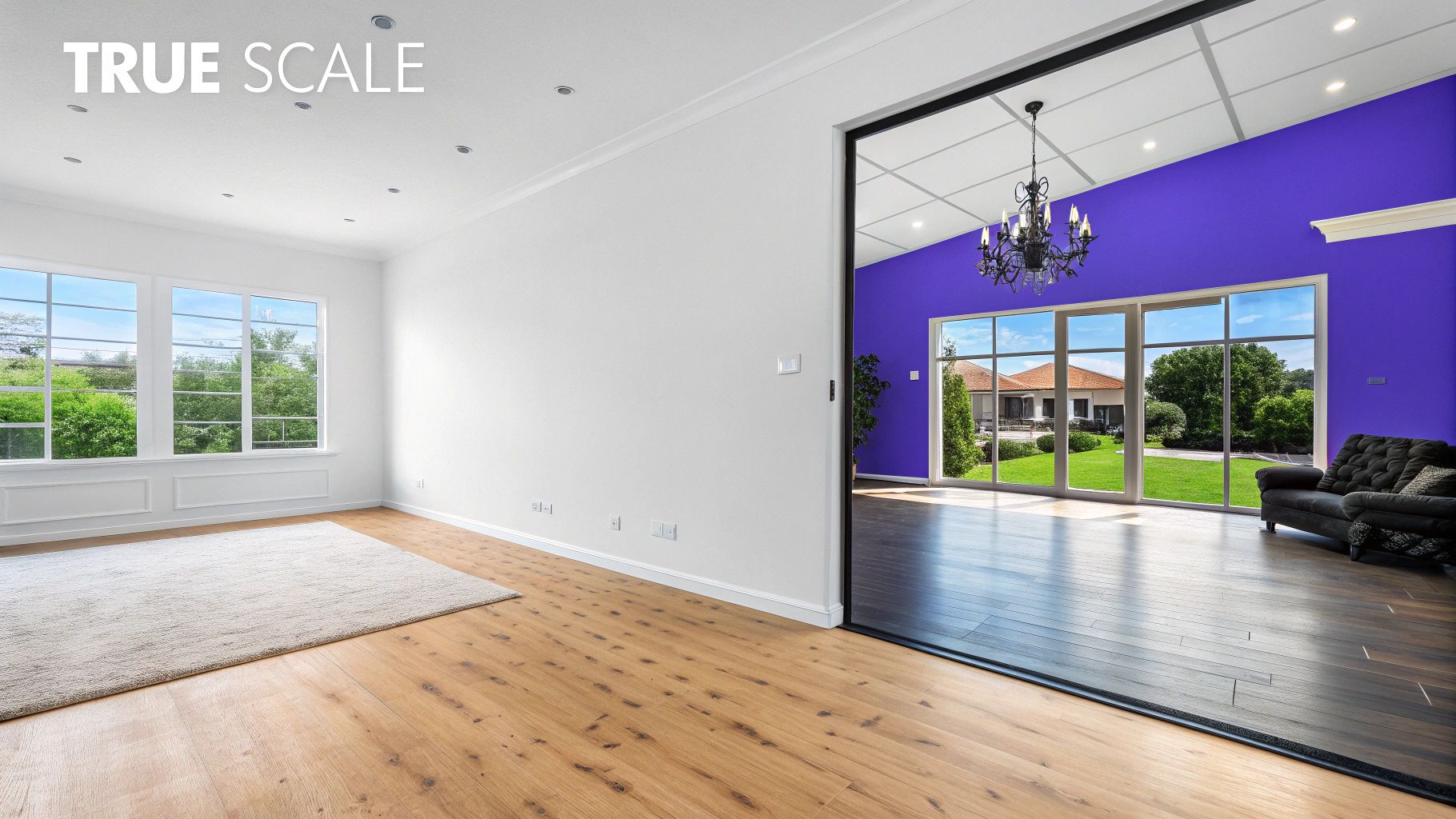 A hyper-realistic virtually staged room featuring a sleek, modern sofa and tasteful decor, created by aiStager.