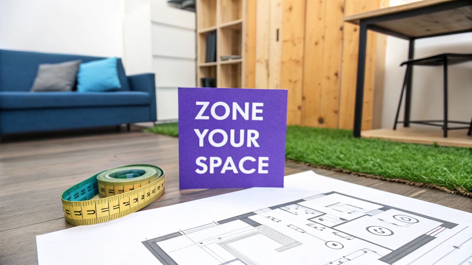 A purple sign 'ZONE YOUR SPACE' sits on a wooden floor with a tape measure and floor plan.