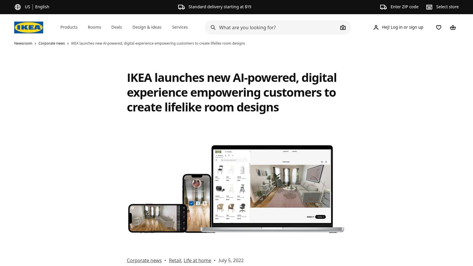 IKEA Kreativ showing a user placing a 3D model of a sofa into a real room.