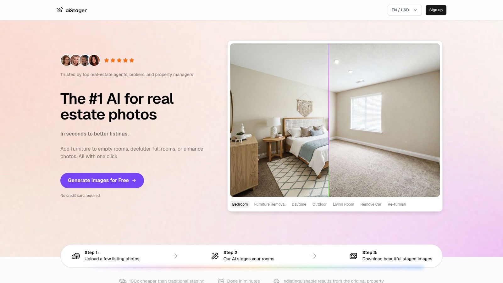 A split-screen image showing an empty living room on one side and the same room virtually staged with modern furniture using aiStager on the other side.