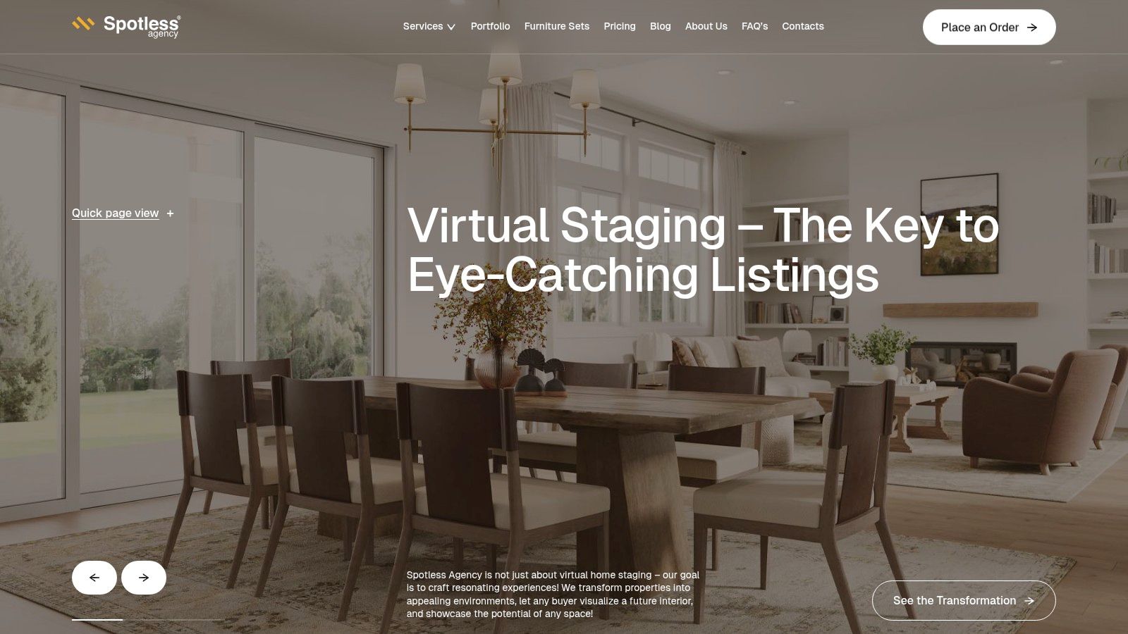 Spotless Agency virtual staging example showing a before and after of a dining room.