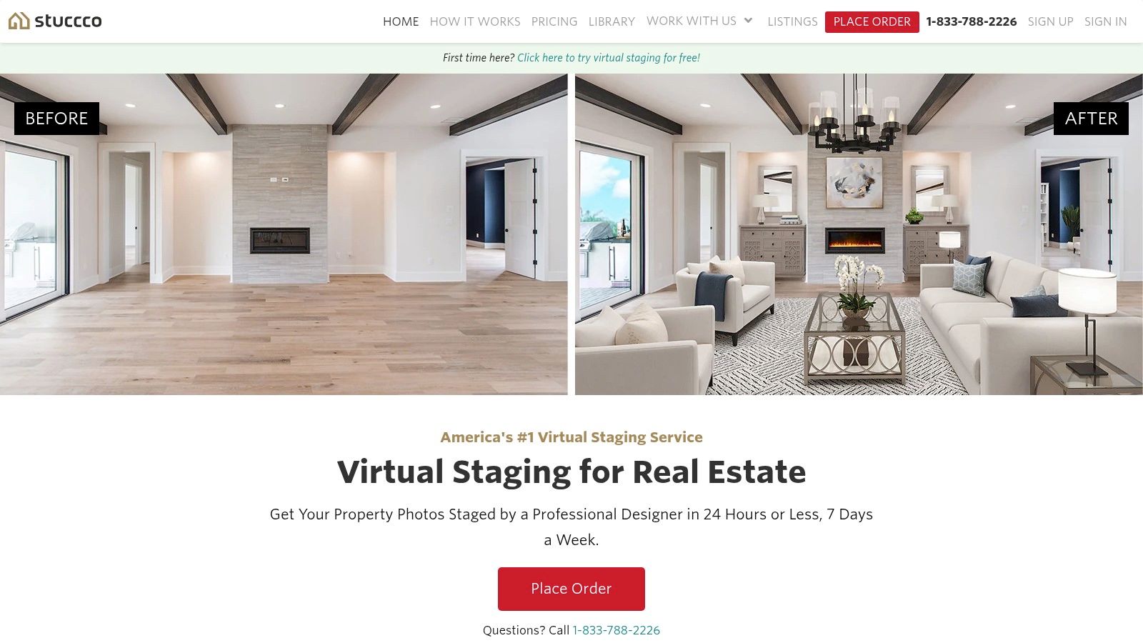 Stuccco virtual staging example showing a before and after of a living room.