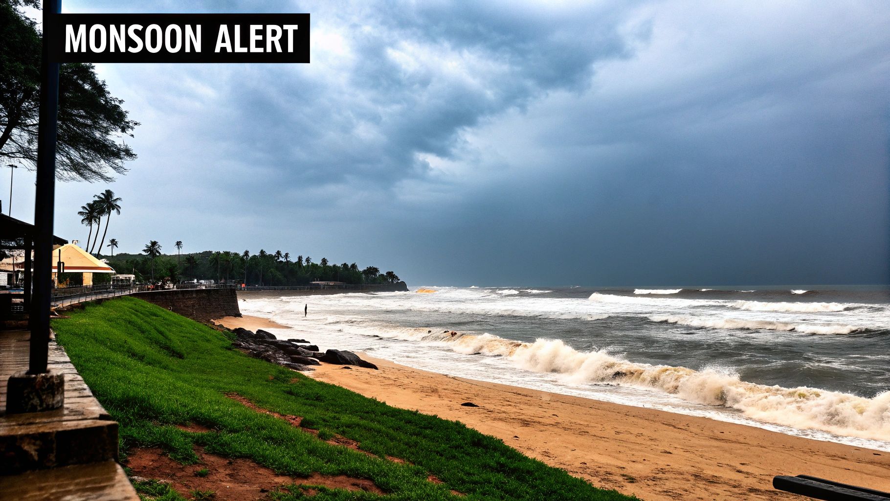A serene but empty Malvan beach during the monsoon with grey skies and lush greenery.