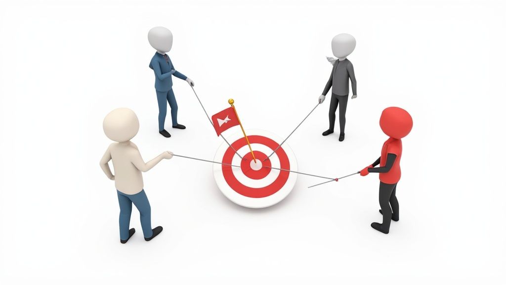 A diverse group of colleagues stands in a modern office, engaged in a discussion while looking at sticky notes on a glass wall.