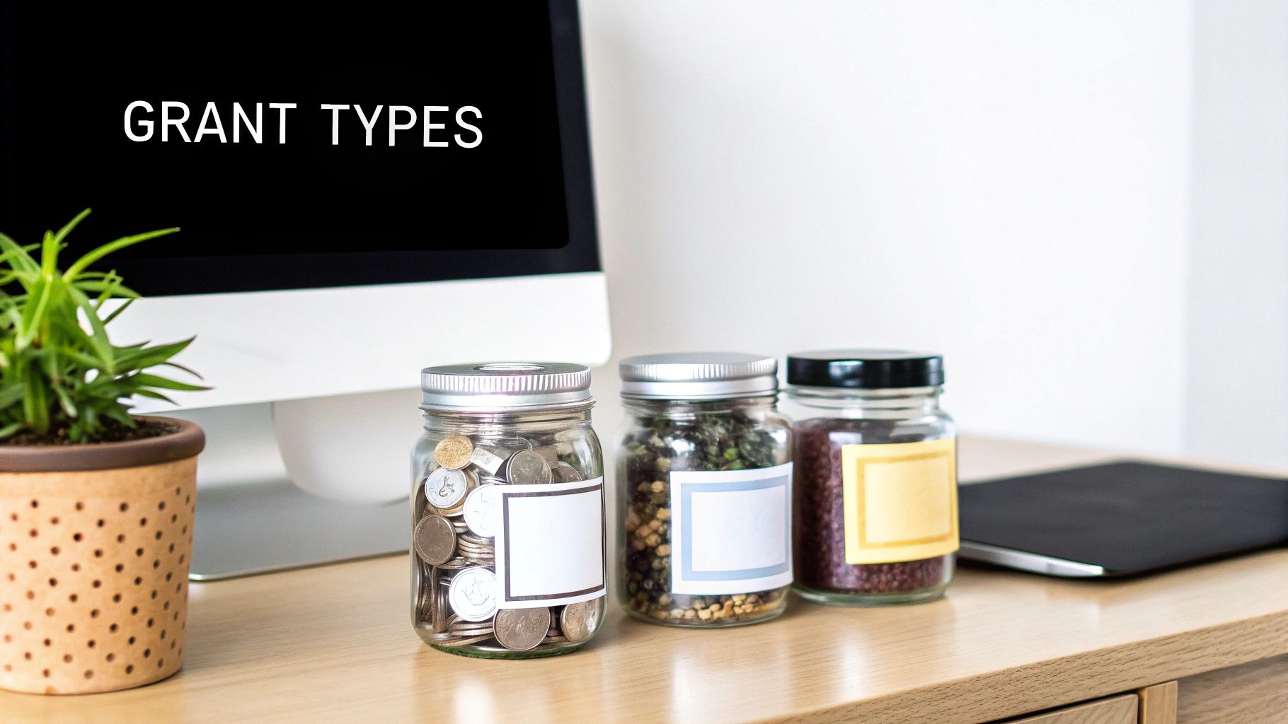 Computer screen displaying 'GRANT TYPES' with jars of coins and spices on a wooden desk.
