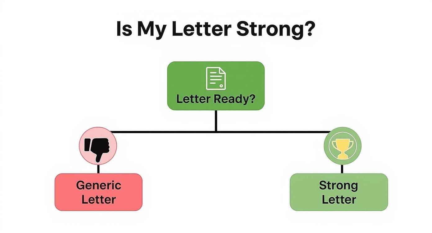 A flowchart evaluating letter strength, showing paths for a generic letter (thumbs down) versus a strong letter (trophy).