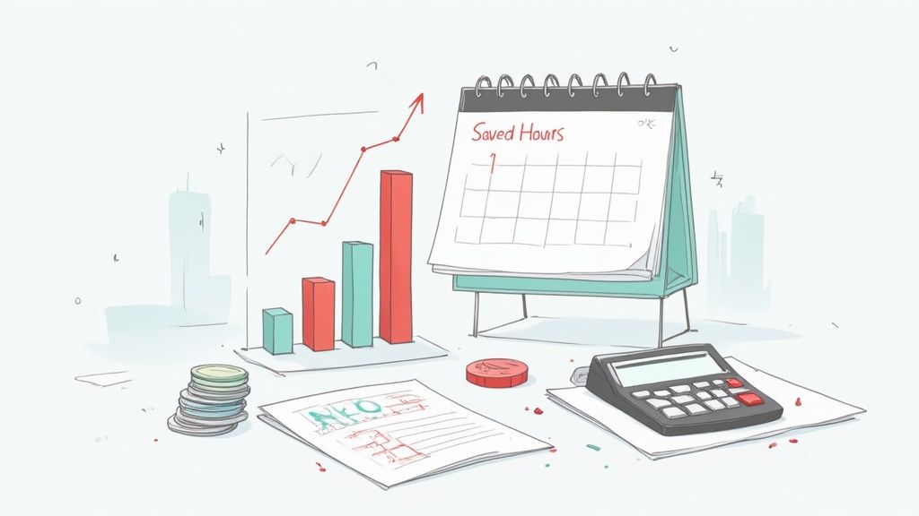 A dashboard showing key metrics like 'Time Saved' and 'Cost Reduction' with upward-trending graphs, illustrating the ROI of automation.