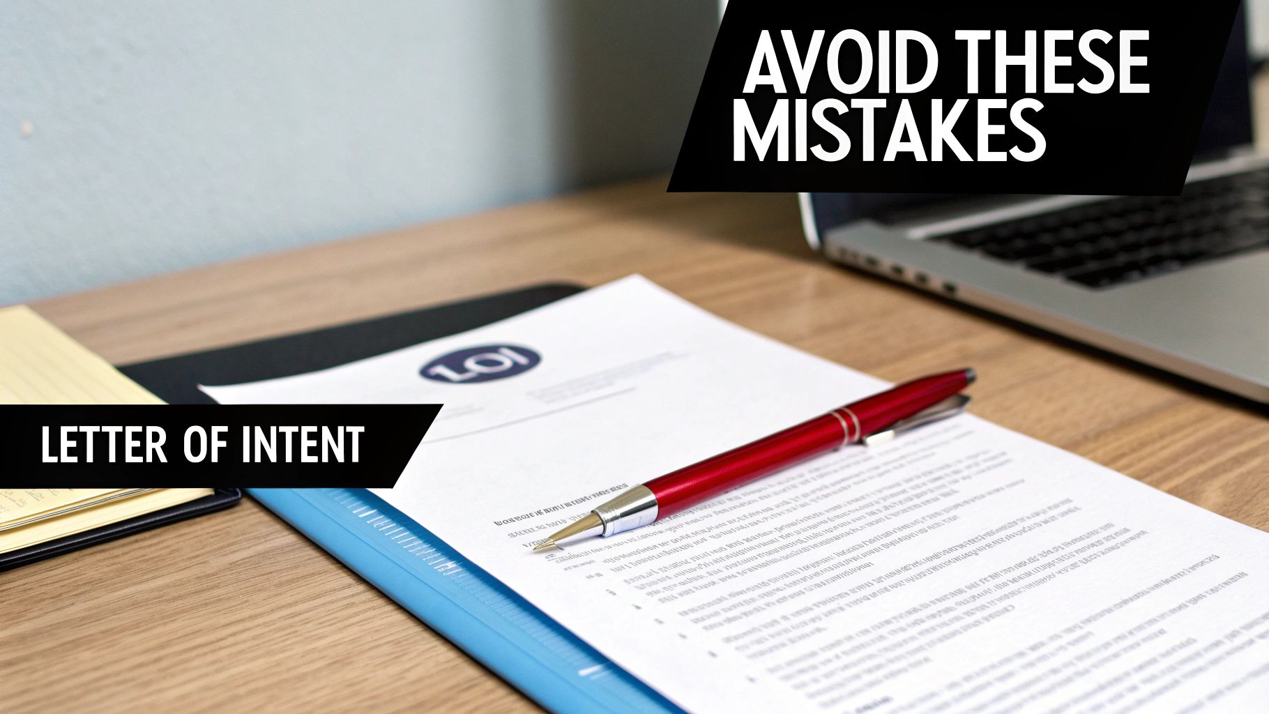 A red pen rests on a Letter of Intent document on a wooden desk with a laptop, emphasizing avoiding mistakes.