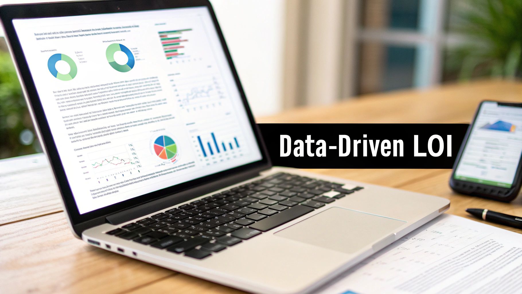 A laptop displaying data charts and graphs, a smartphone, and a pen on a desk, with 'Data-Driven LOI' text overlay.