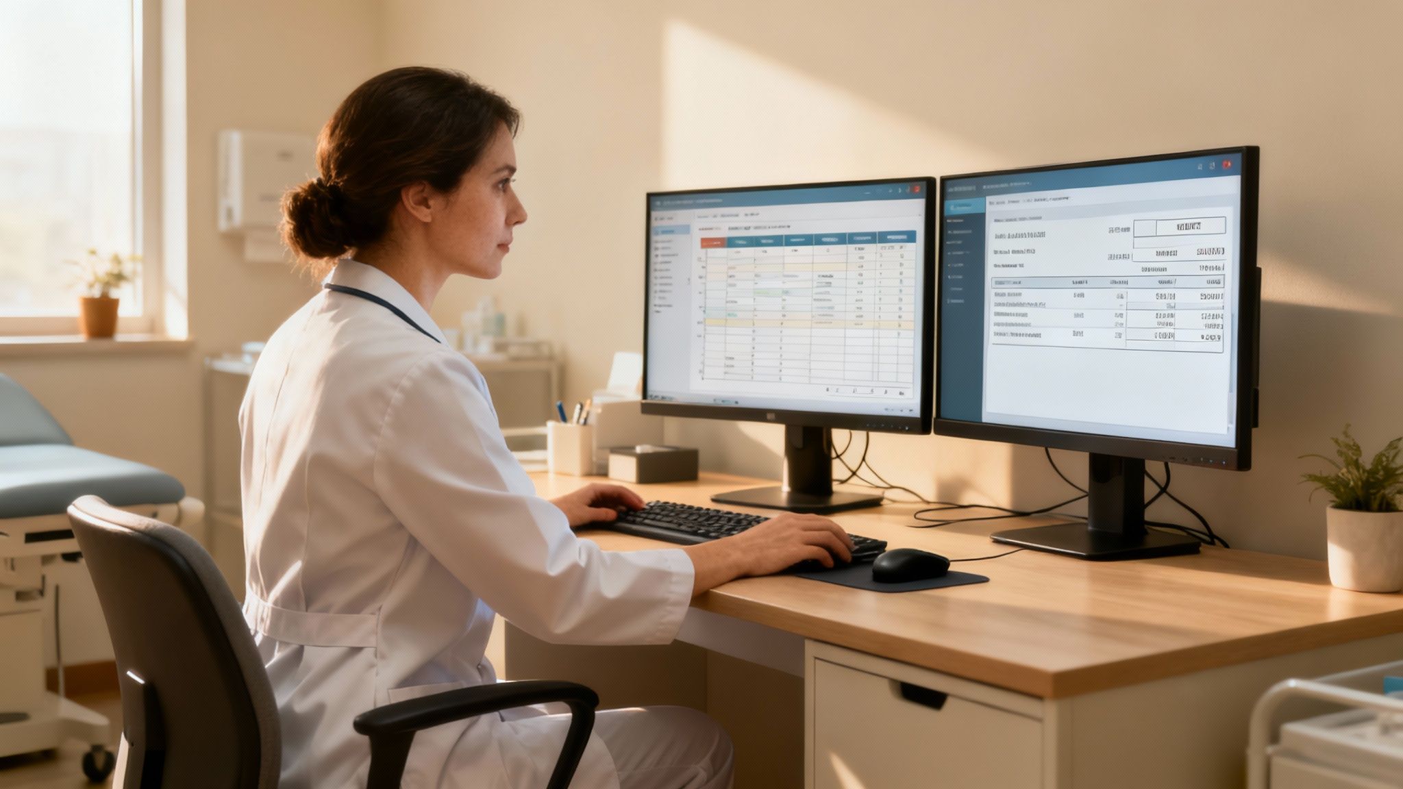 A female doctor in a white coat works at a desk with two computer monitors in a medical office.