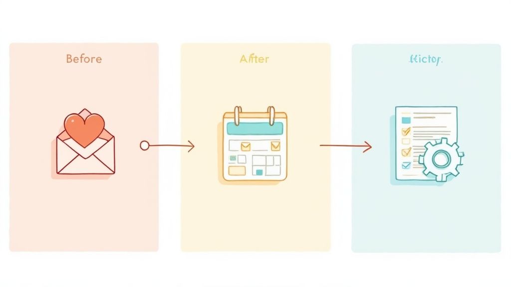 A person at a desk with automated workflow icons floating around them, representing efficiency.