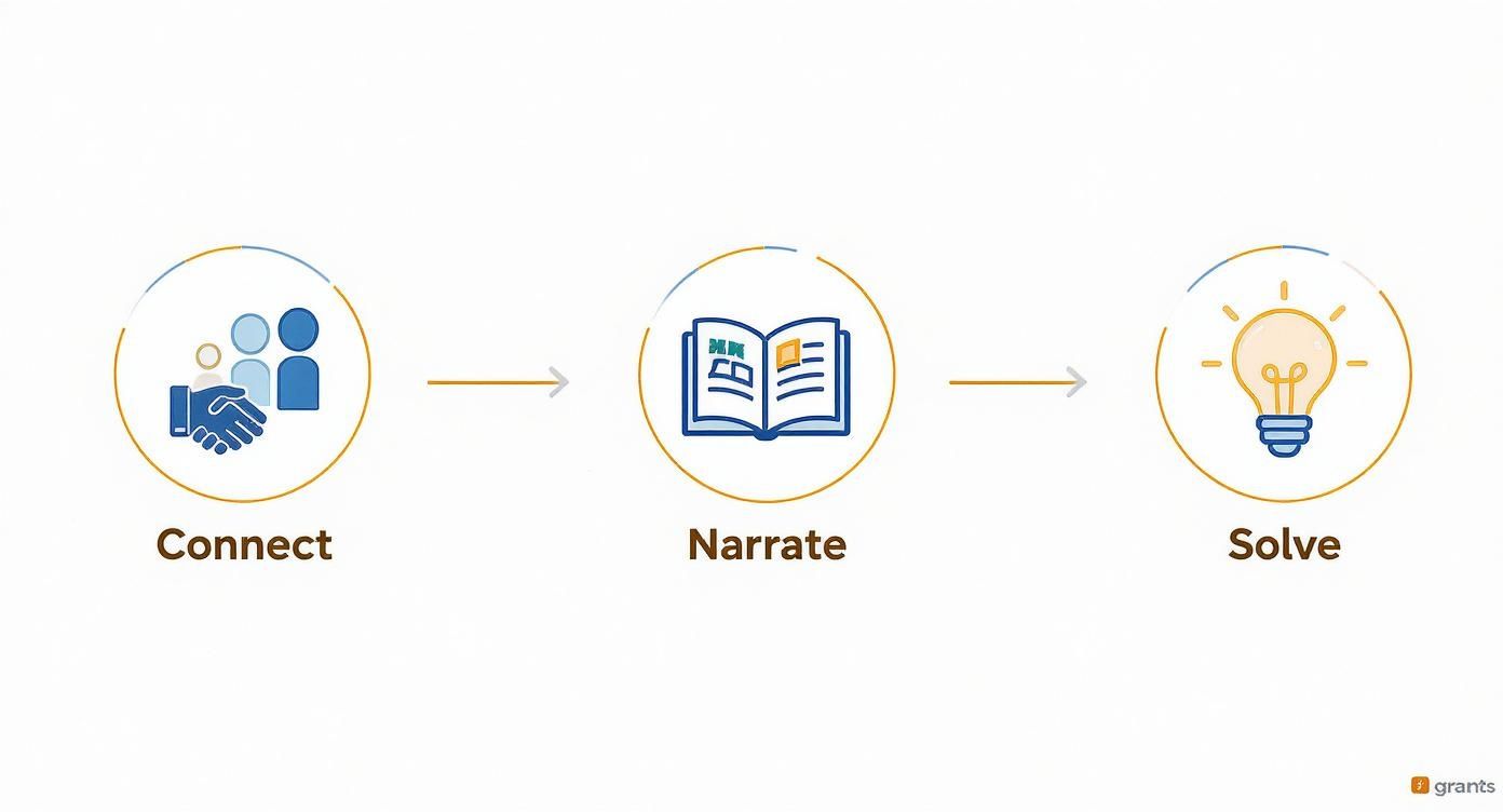 A three-step process diagram with icons: Connect (people, handshake), Narrate (open book), and Solve (lightbulb).