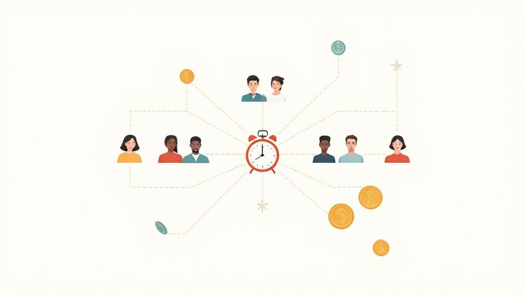 A team of professionals collaborating around a table, analyzing charts and graphs on a laptop.