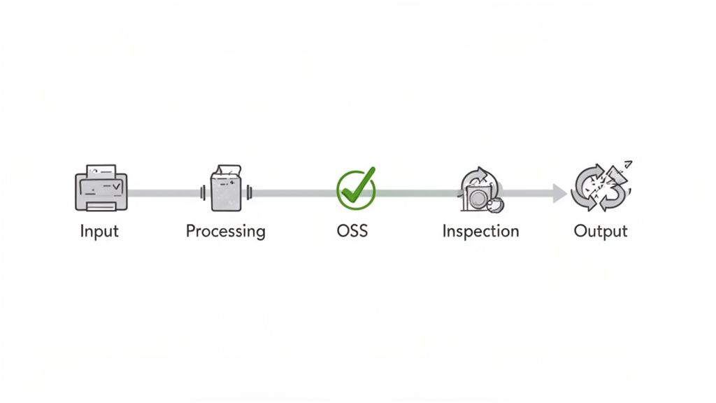 A linear flowchart illustrating a five-stage operational process: Input, Processing, OSS, Inspection, and Output.
