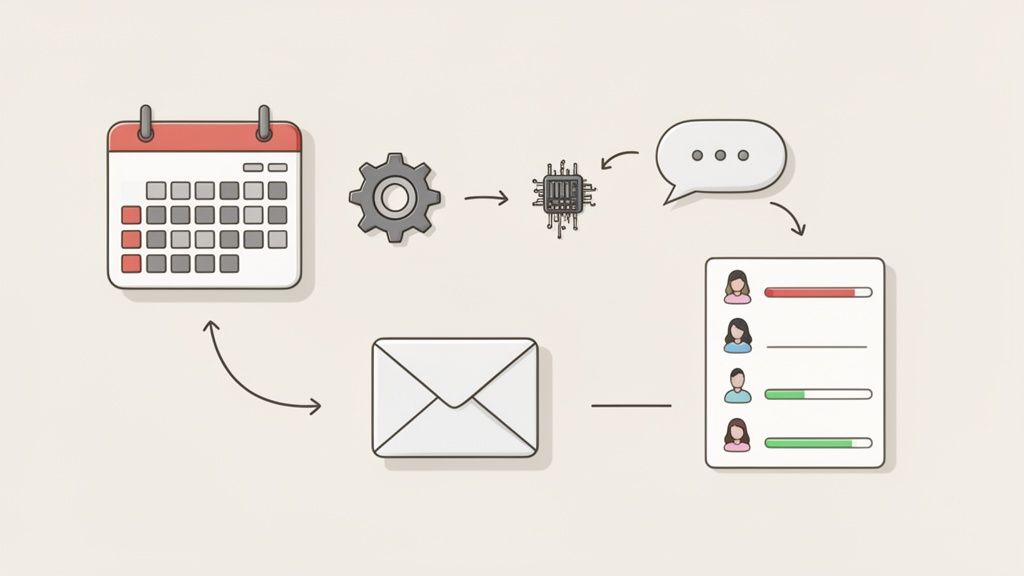 A diagram illustrates a communication workflow involving a calendar, settings, processing, messages, and recipient tracking.