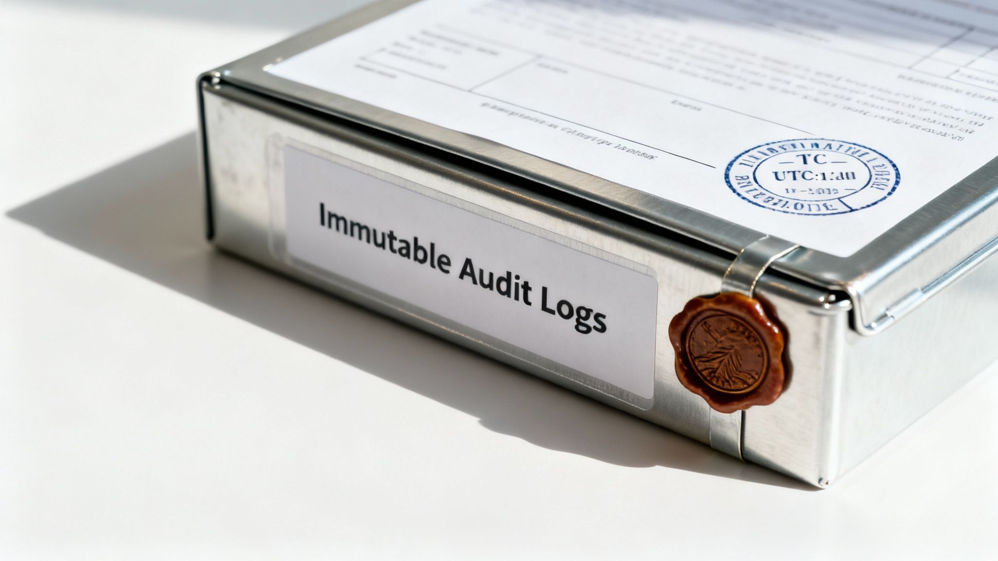 Close-up of a metal box labeled 'Immutable Audit Logs' with a wax seal and timestamp.