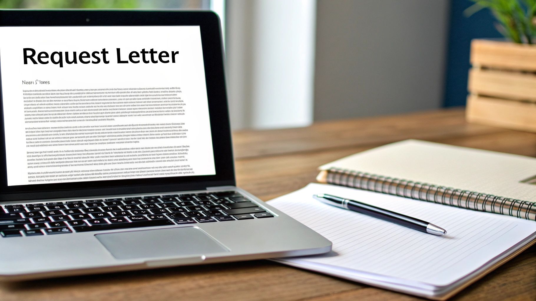 A laptop displaying a 'Request Letter' document, an open notebook, and a pen on a wooden desk.
