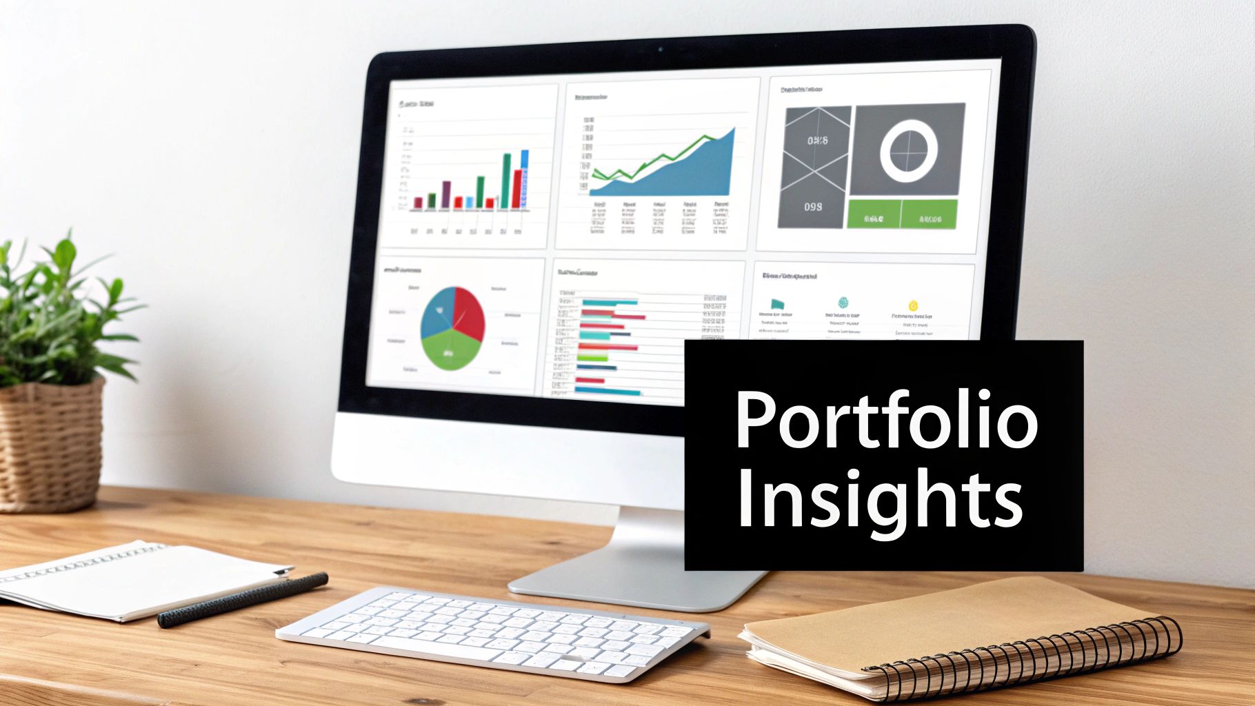 A computer on a wooden desk displays a data dashboard with graphs, charts, and 'Portfolio Insights' text.