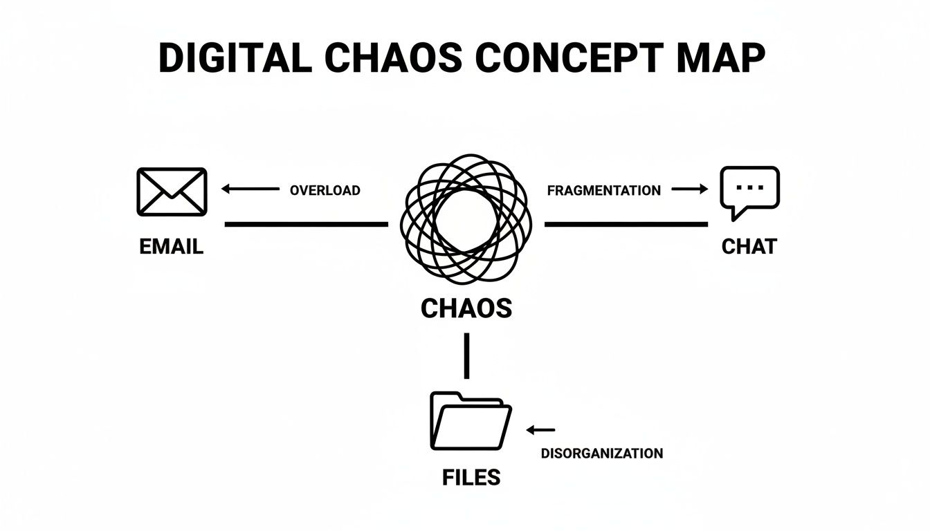A concept map illustrating digital chaos caused by email overload, chat fragmentation, and file disorganization.