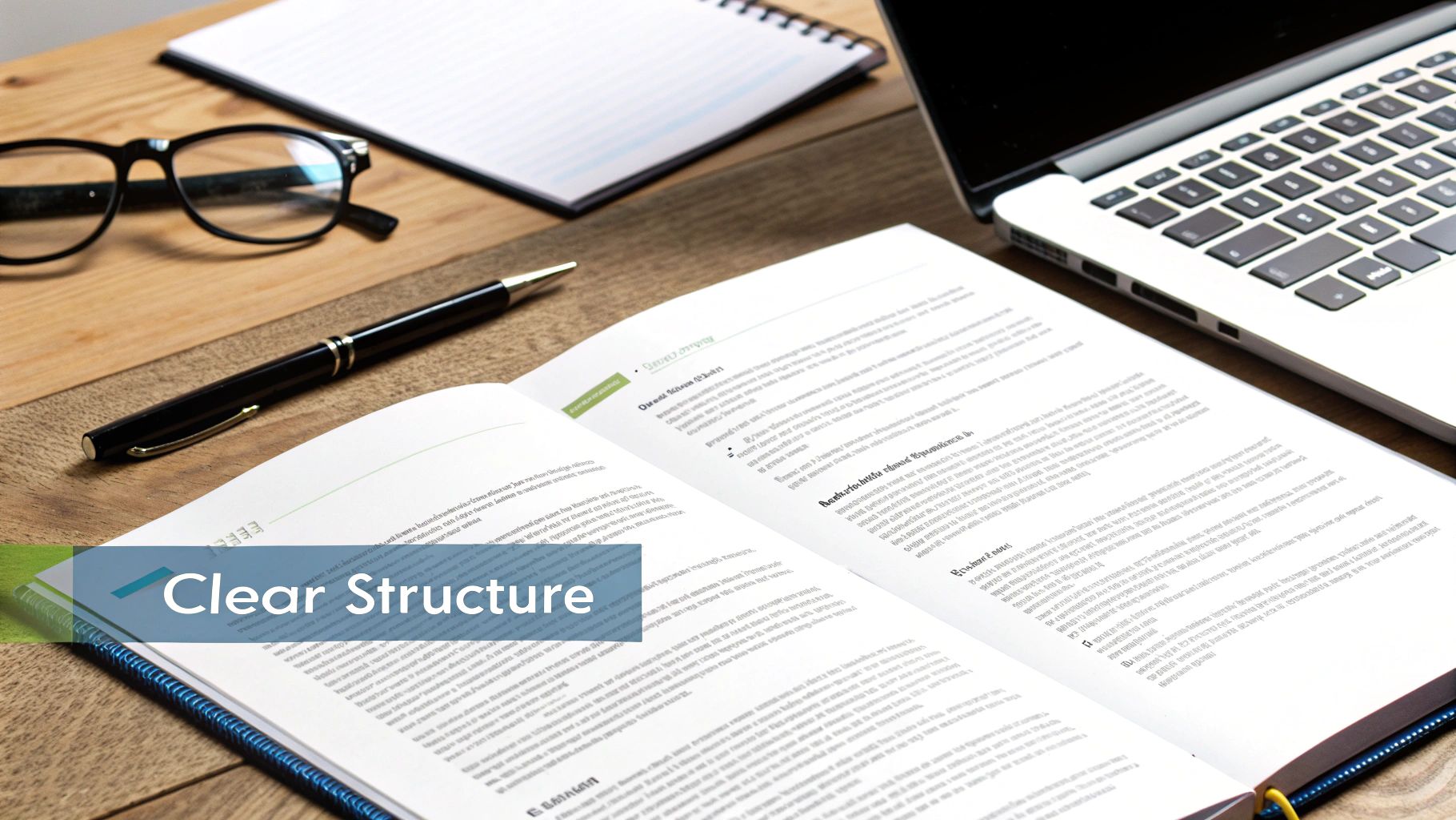 An open document or book with text, a laptop, glasses, and a pen on a wooden desk, emphasizing clear structure.