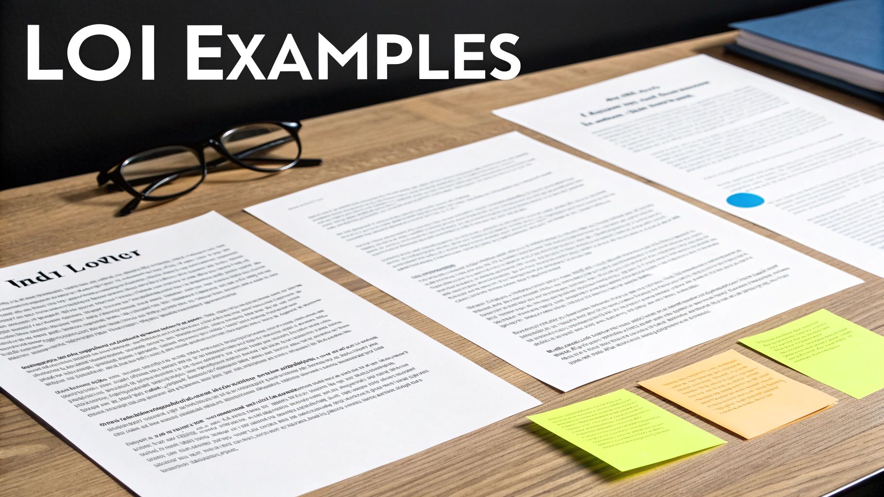 A desk with various Letter of Inquiry (LOI) examples, sticky notes, and reading glasses.