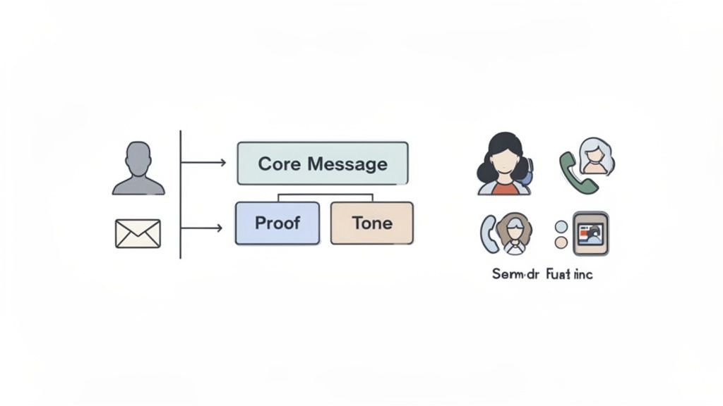 A diagram illustrating message elements: a core message, proof, and tone, delivered through various communication channels.